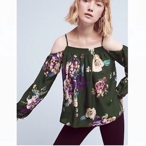 𝅺ANTHROPOLOGIE Maeve Tallie Floral Silk‎ Open Shoulder Blouse Size Small
